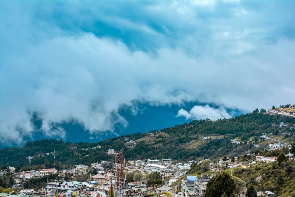 a view of a city with a mountain in the background